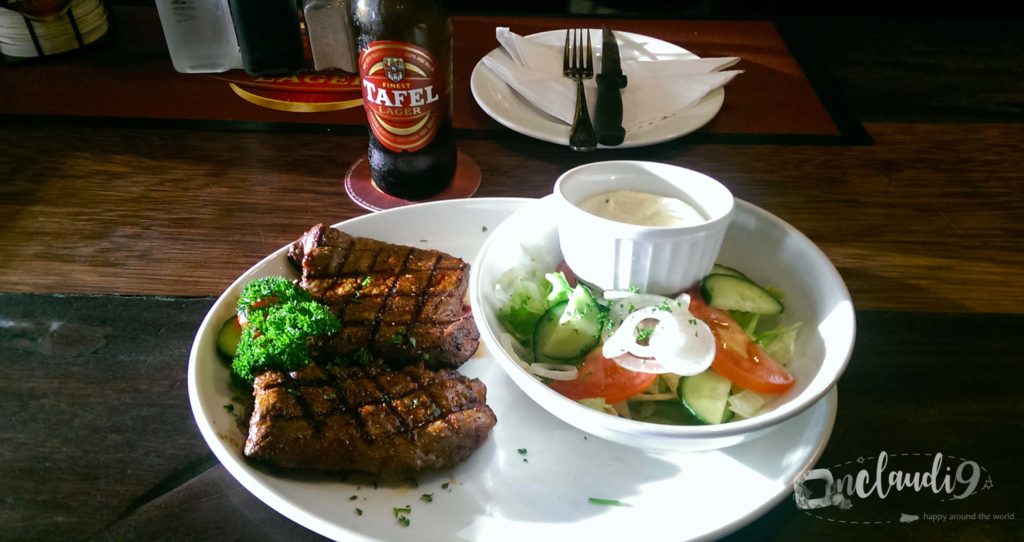 This is springbock filet, salad and a Tafel beer. I had this dish and beer in Krückis Pub in Swakopmund in Namibia.