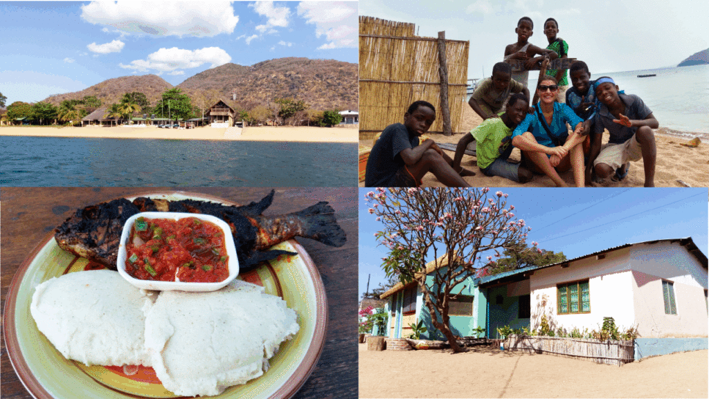 This is Malawi, a country in Southern Africa. You can see Lake Malawi, a traditional dish, and a house in a village.
