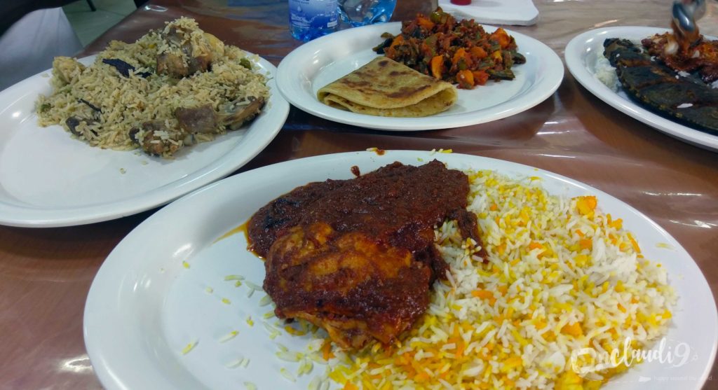 These are traditional Kenyan dishes. It is Pilau, which is spiced rice with mutton, Chicken Biryani, Chapati and vegetables and Rabbit fish with rice.