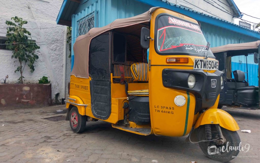 This is a Tuc Tuc, a way of getting around in Mombasa, Kenya.